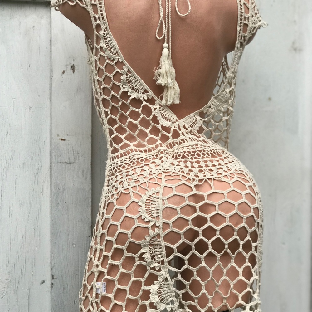 Crochet lace knit bikini cover up dress boho cotton knit beach gypsy glam doll - Picture 7 of 8
